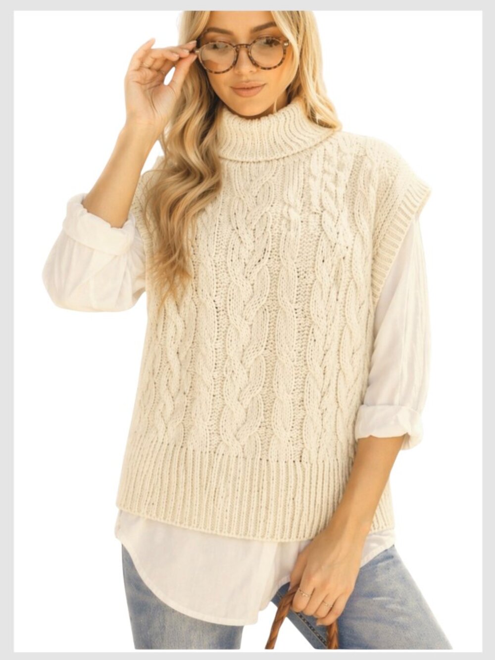 Vici Sweater Vest Cream Cable Knit Turtleneck Oversized XS